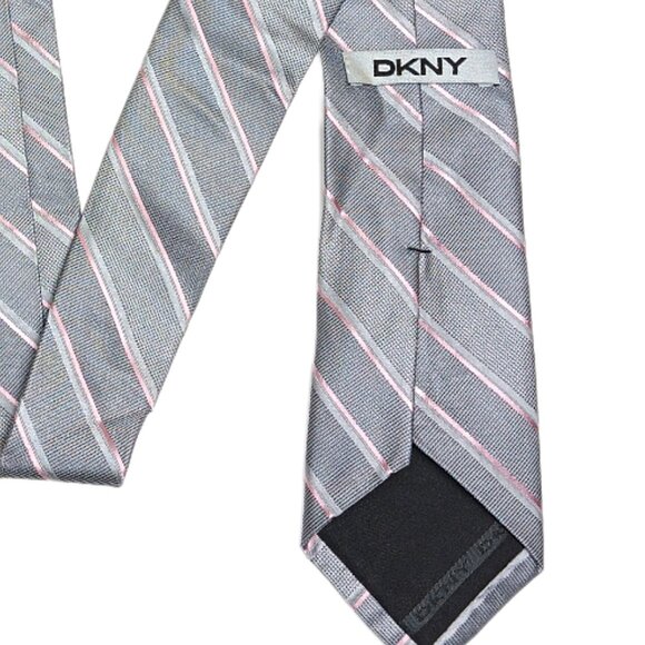 DKNY Silk Repp Tie Men’s 58.5” Gray Pink Striped Designer Classic Tie New - Picture 4 of 4